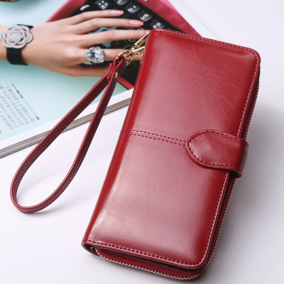 Cross-border women's purse oil wax leather retro long purse women's large capacity multi-functional zipper buckle mobile phone bag women