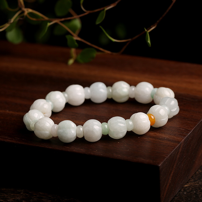 Natural jadeite jade bracelet 10mm, jadeite jade pumpkin bead bracelet, fashionable couple style for men and women details Picture