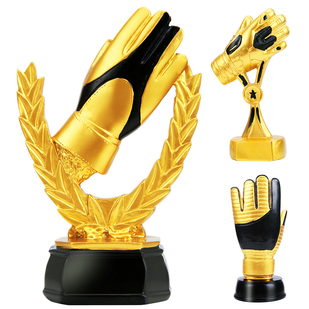 Golden Glove trophy, electroplated resin, football goalkeeper, goalkeeper rr, football trophy with logo printed on it
