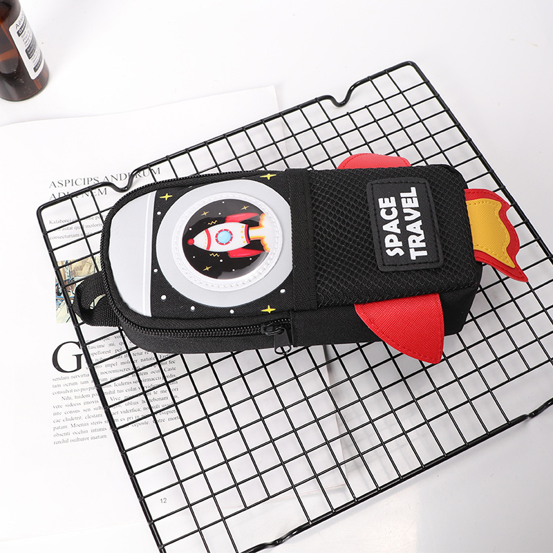 TOPSTHINK rocket-shaped double zipper children's pen case, large capacity cartoon stationery box, student hand-held simple and niche silicone pen case wholesale Specification image
