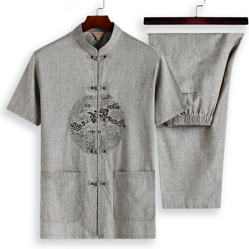 Summer Old Short Sleeve Linen Tang Suit Male Chinese Style Large Size Hanfu Cotton Linen Suit Chinese Dish Buckle Dad Suit details Picture