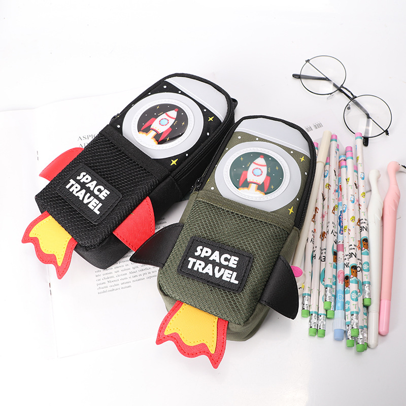TOPSTHINK rocket-shaped double zipper children's pen case, large capacity cartoon stationery box, student hand-held simple and niche silicone pen case wholesale Item Picture