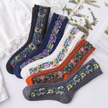 秋冬新品全棉复古麻花纹女士中筒袜时尚小碎花个性森系提花长筒袜