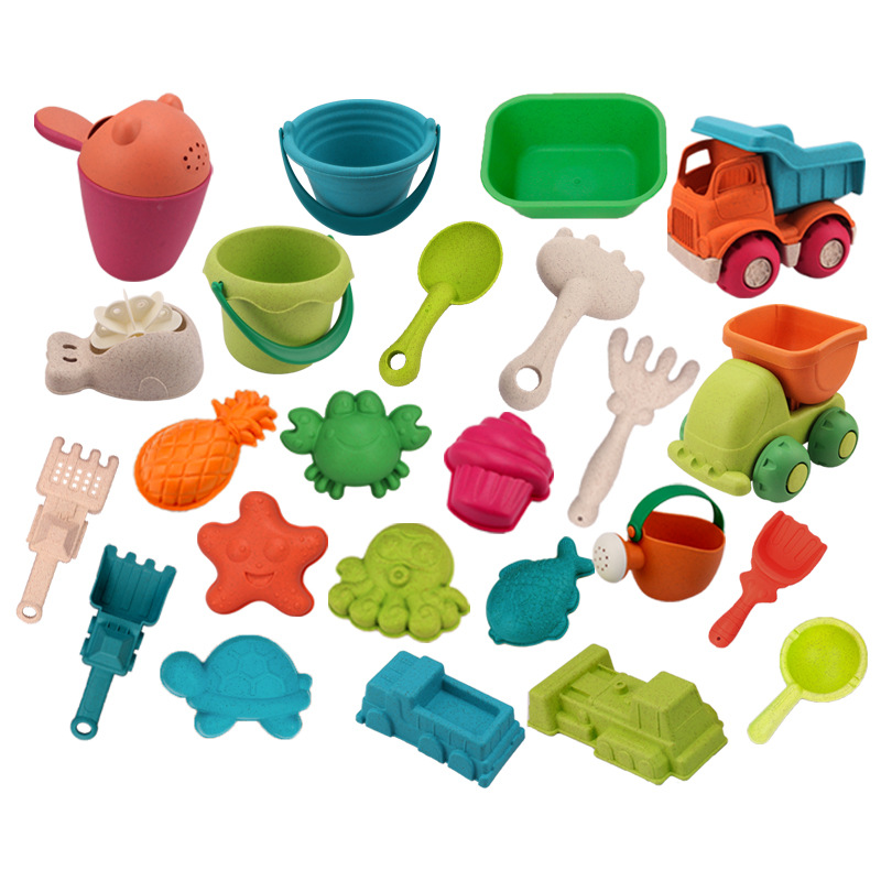 Factory direct supply of straw beach toy car sets, children's sand-playing and sand-digging tool buckets, beach water play plastic toys Item Picture
