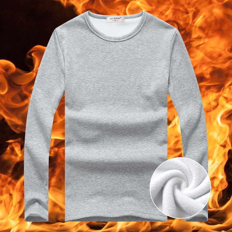 Men's autumn and winter thickened long-sleeved T-shirt with added fleece, solid color casual base layer, Korean-style slim-fit round-neck warm top T-shirt Application Scenario