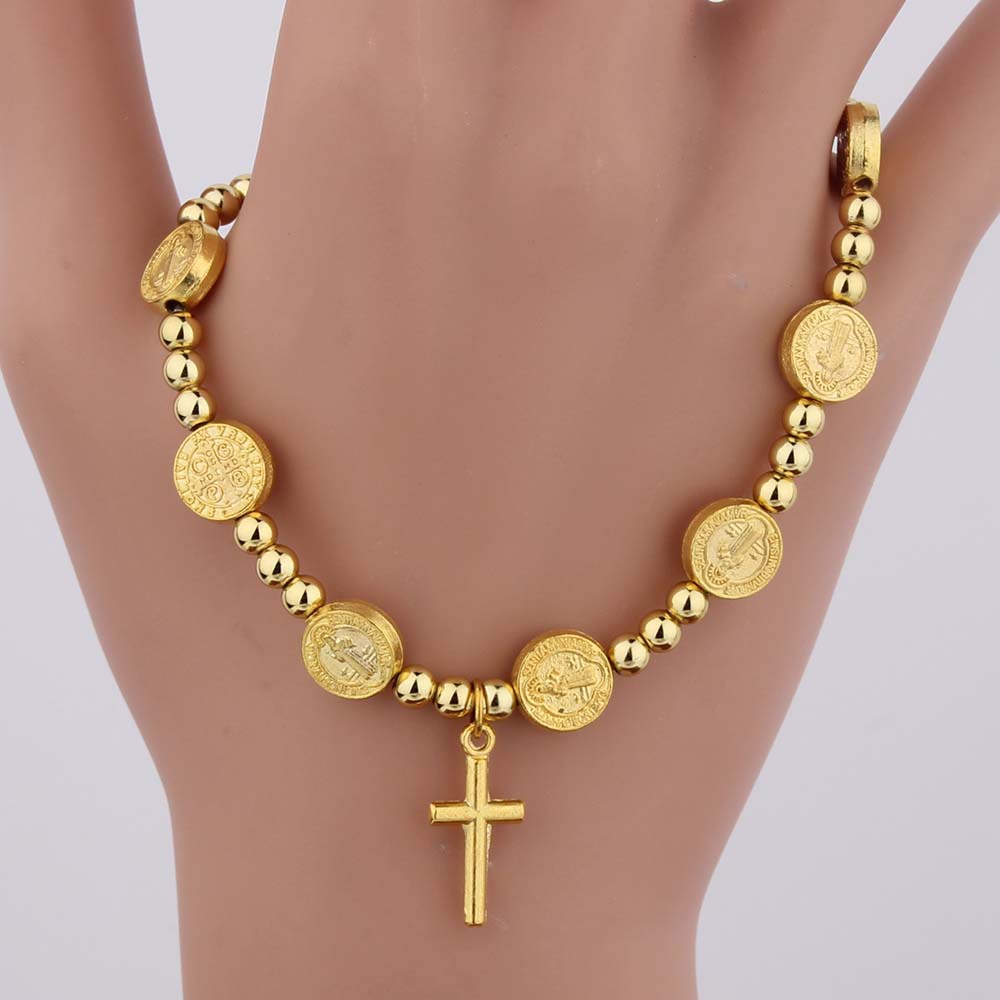 European And American Foreign Trade Hot Alloy St. Benedict Round Cake Bracelet Round Bead Cross Pendant Bracelet Elastic String Bracelet Beaded Bracelet Couple Jewelry details Picture