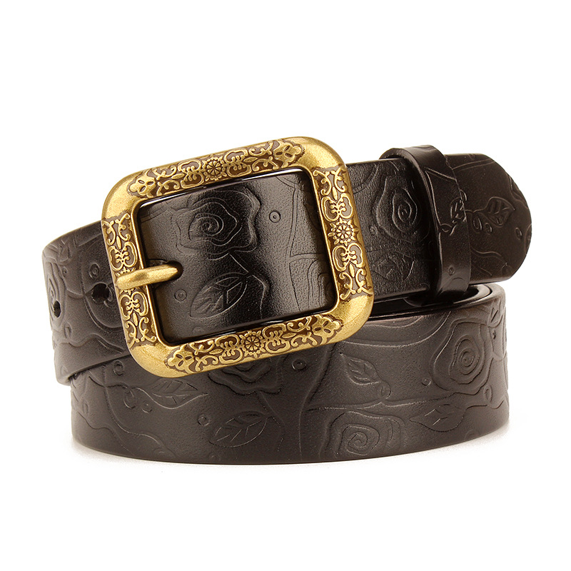 Women's leather top layer cowhide needle buckle fashionable, casual, simple and versatile embossed denim belt men's 34mm Item Picture