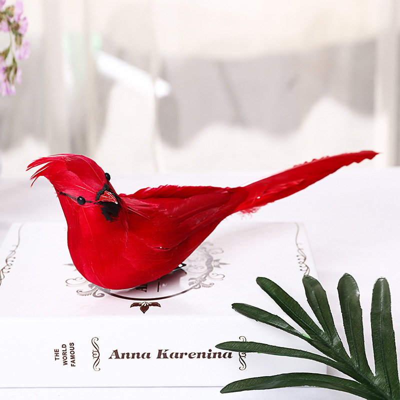 创意仿真羽毛小鸟25cm圣诞装饰红鸟工艺品家居鸟摆件红鸟详情图2