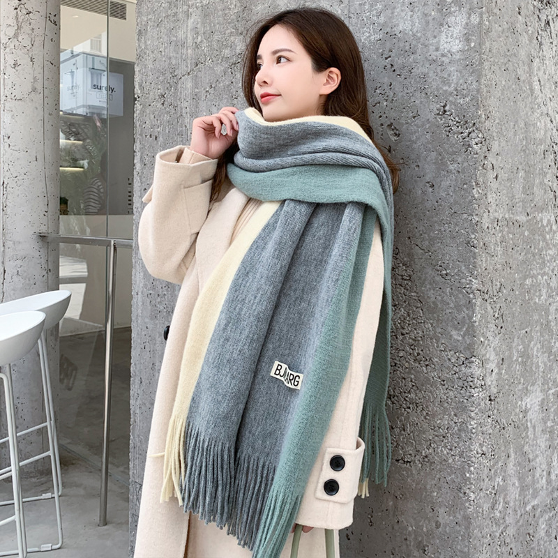 Two-Color Splicing Scarf 2022 Autumn Winter Korean Version Of The New Imitation Cashmere Fringe Warm Men Matching Color Bib Women Specification drawing