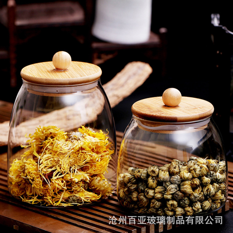 竹盖茶叶罐/高硼硅玻璃密/玻璃茶叶罐竹细节图