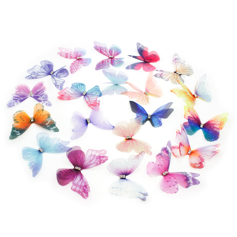 Dreamy chiffon butterfly with diamond double-layer chiffon butterfly diy bridal hair accessory headwear material Instagram hit butterfly details Picture