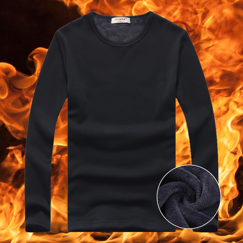 Men's autumn and winter thickened long-sleeved T-shirt with added fleece, solid color casual base layer, Korean-style slim-fit round-neck warm top T-shirt Specification image
