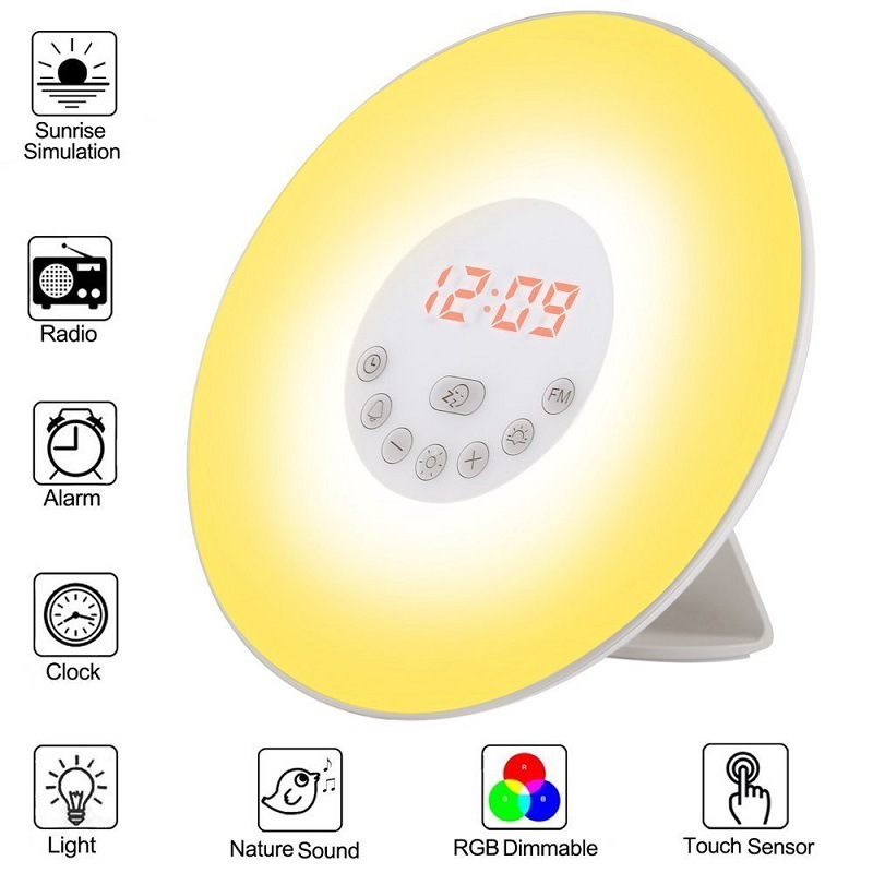Sunrise wake-up light, clock alarm, wake-up light, simulated sunlight wake-up light, LED night light, bedside lamp