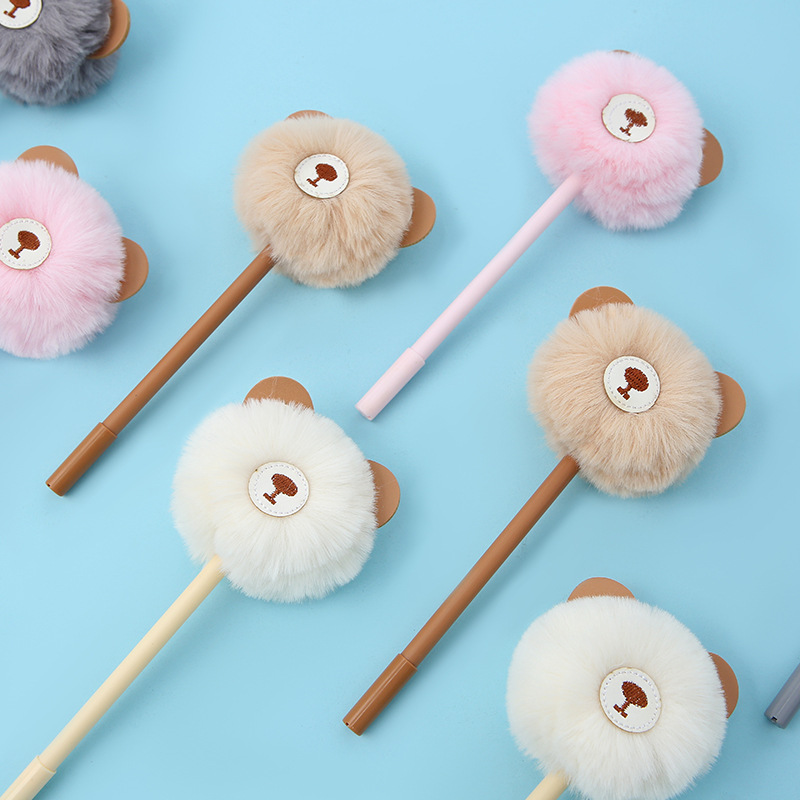 South Korea Stationery Creative Cartoon Bear Hairball Pen Fluffy Cute Pen Warm Cute Bao Bei Bei Neutral Pen Wholesale details Picture