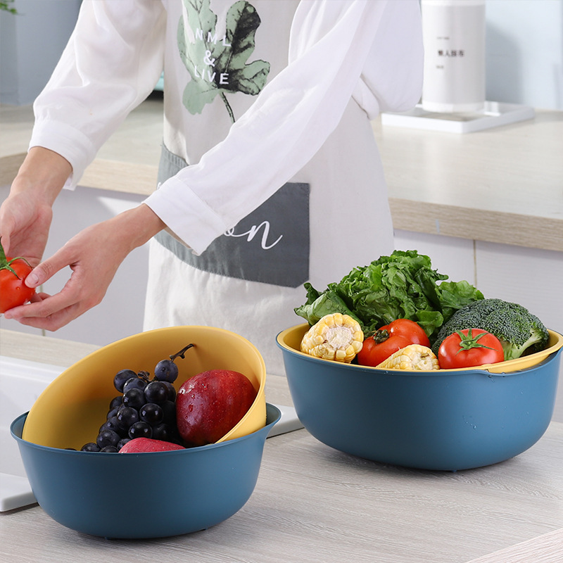 Creative Multi-Functional Drain Basket Double Household Kitchen Fruit And Vegetable Wash Basin Round Fruit Basket Plastic Wash Basket details Picture
