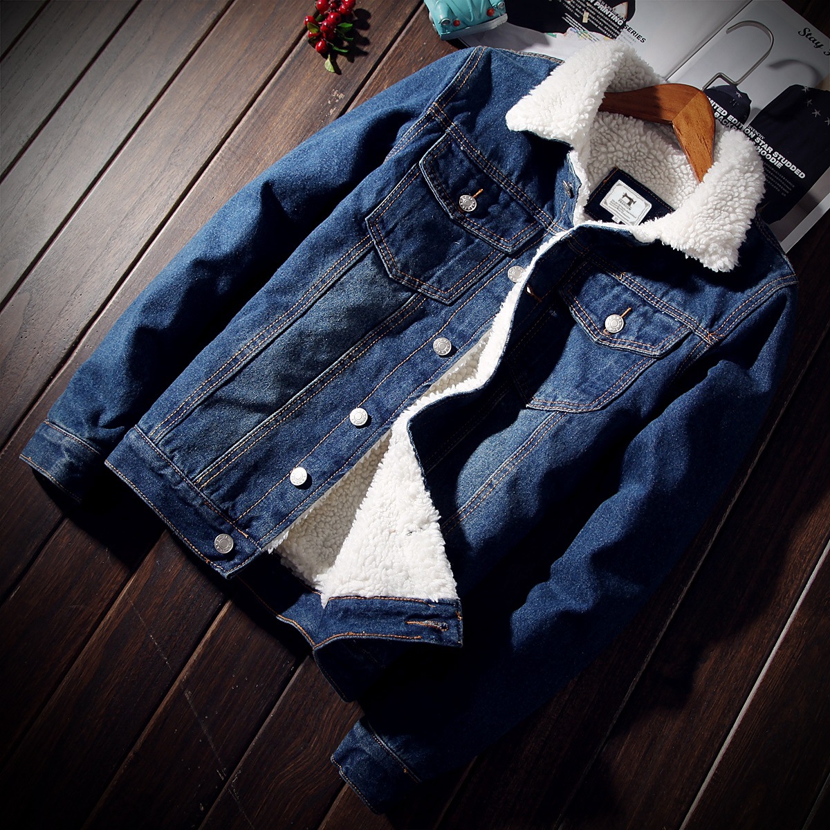 Winter Cashmere Denim Coat Men Slim Thick Jacket Imitation Lamb Wool Youth Cotton-Padded Male Coat Autumn Tide Specification drawing