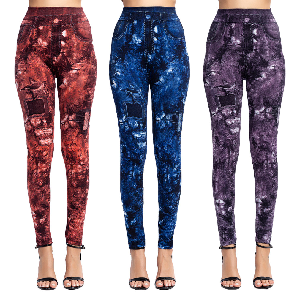New cross-border bestsellers, slimming, hip-lifting, breathable and super elastic nine-inch pants, leaf print imitation denim leggings