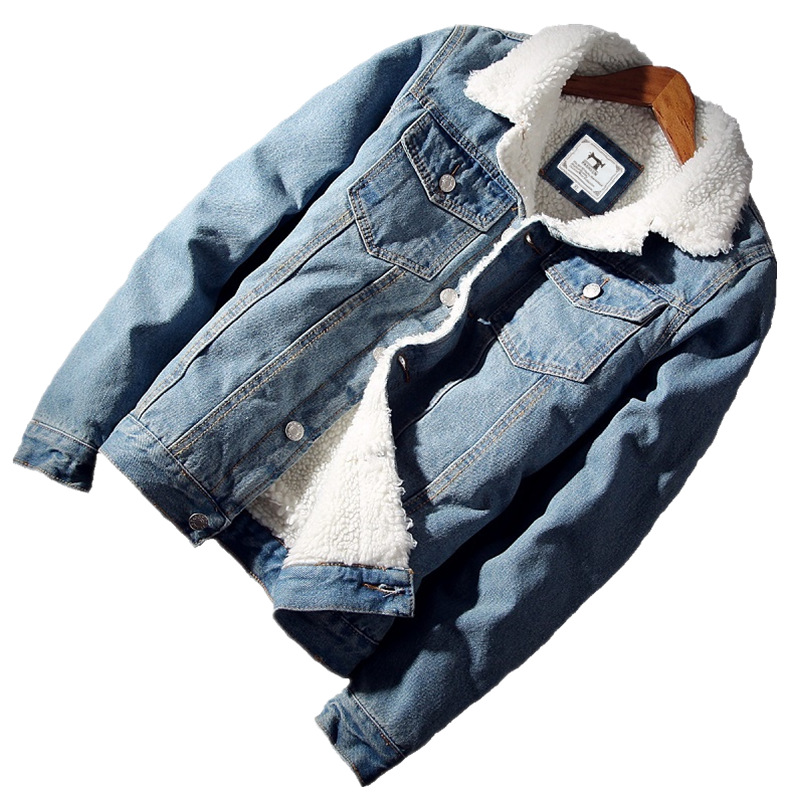Winter Cashmere Denim Coat Men Slim Thick Jacket Imitation Lamb Wool Youth Cotton-Padded Male Coat Autumn Tide Item Picture