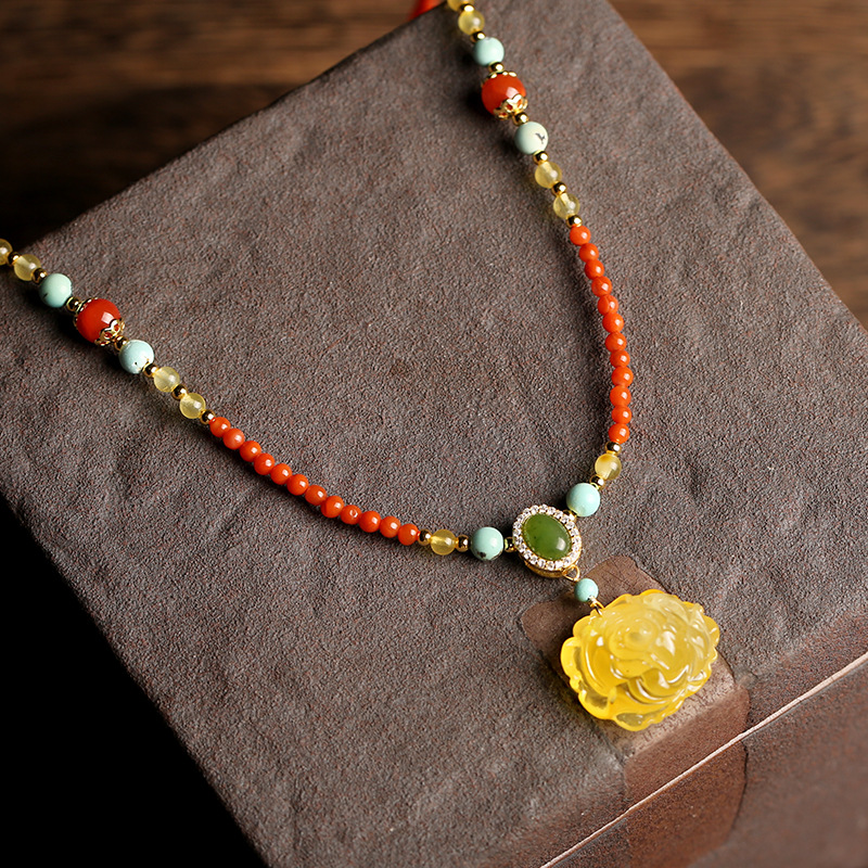 Original South Red collarbone chain sweater chain beeswax Peony necklace S925 sterling silver with jasper turquoise