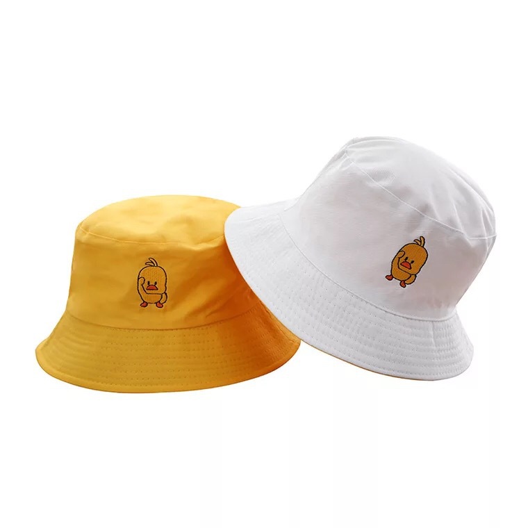 亚马逊新款小黄鸭女士双面渔夫帽刺绣户外防晒遮阳帽子太阳帽外贸图