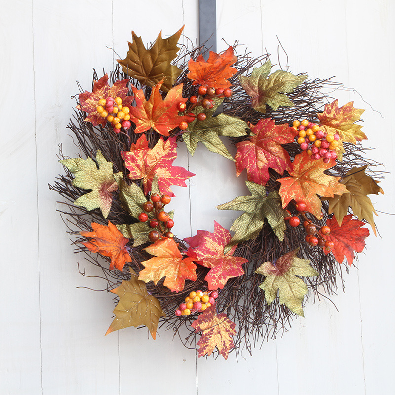 Harvest Festival 40 50 60Cm Maple Leaf Garland Mall Bar Hanging Artificial Pumpkin Berry Autumnal Rattan Circle At Home