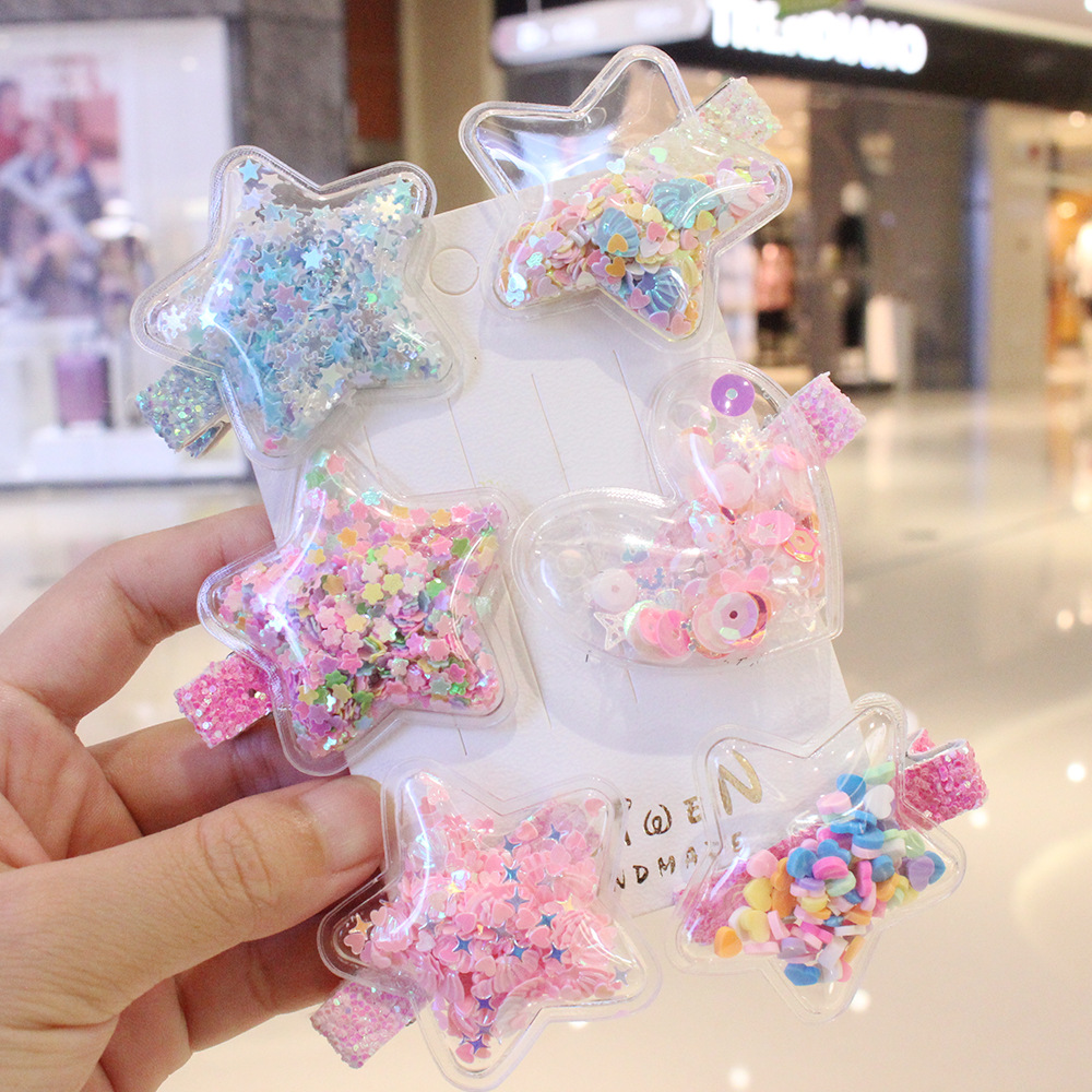 New Korean-style cute children's PVC five-pointed star flowing sand hair clip cartoon heart sequined edge hair clip hair accessory