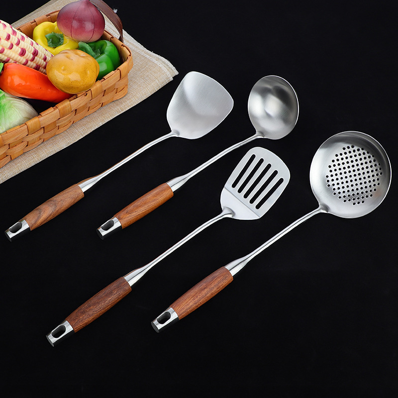 Factory Wholesale 304 Stainless Steel Kitchenware Line Chinese Creative Light Luxury Pear Flower Wood Anti-Hot Grip Soup Spoon Frying Spoon