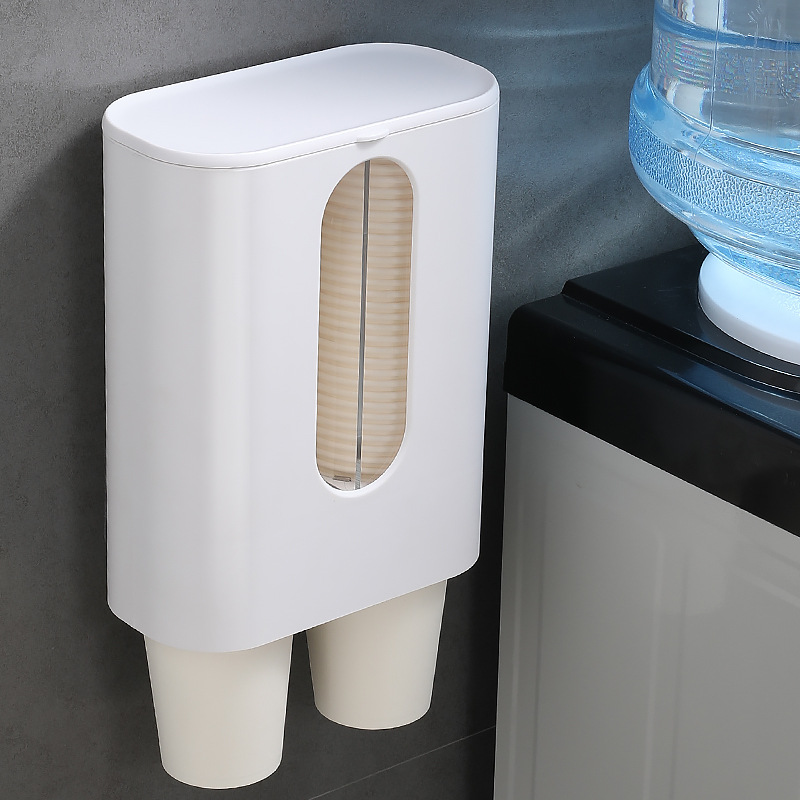 家用取杯器 饮水机防尘水杯架壁挂双筒纸杯自动置物架一次性杯架