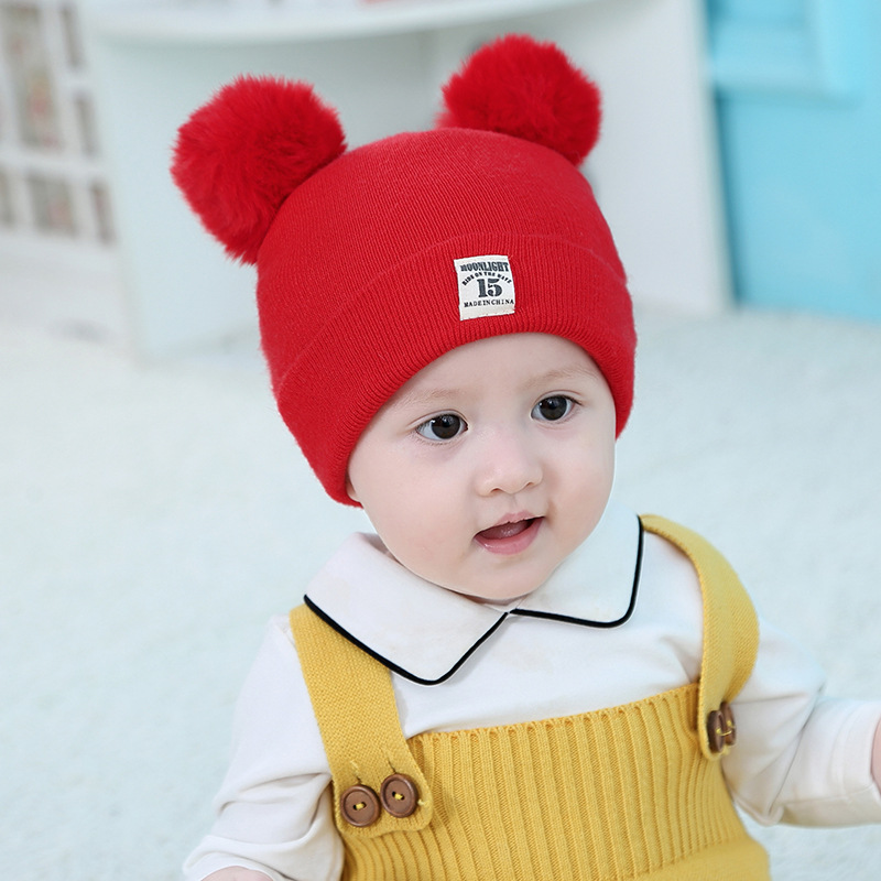 贝纳熊秋冬新款针织帽可爱双球15贴标户外保暖婴儿帽3-6-9-12个月