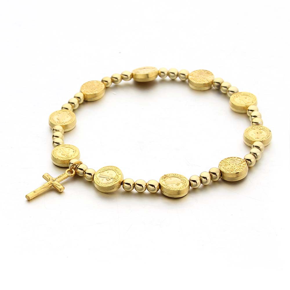 European And American Foreign Trade Hot Alloy St. Benedict Round Cake Bracelet Round Bead Cross Pendant Bracelet Elastic String Bracelet Beaded Bracelet Couple Jewelry Specification drawing