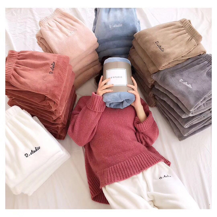 Fairy warm pants, loose coral fleece, tight-fitting, straight-leg, Halon casual trousers, large-sized embroidered pajama pants