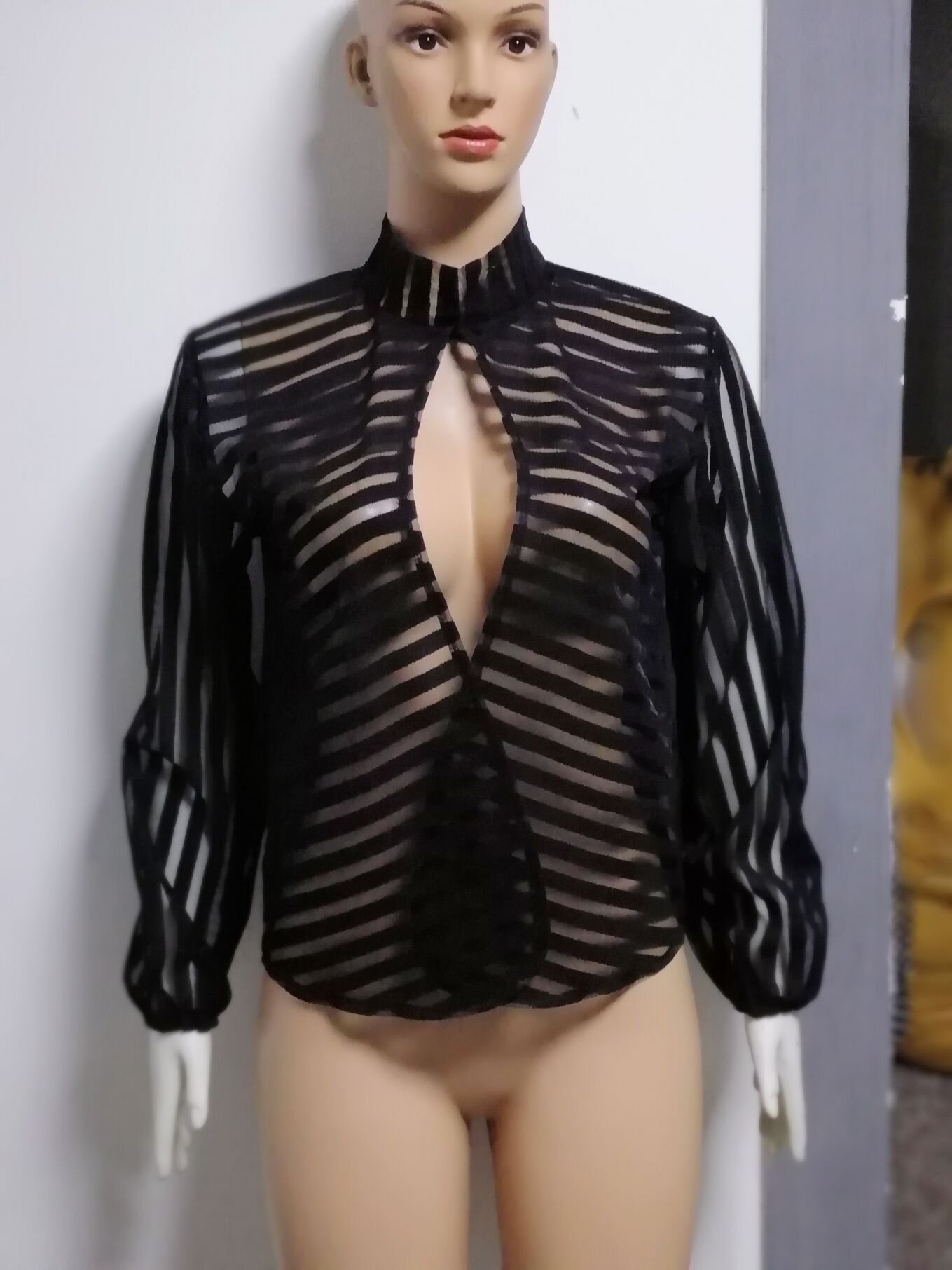 ebay速卖通秋季新款女士条纹立领镂空上衣性感长袖透视女式衬衫详情图4