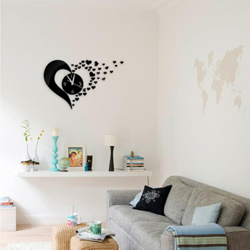 半月弯心形墙钟镜面挂钟diy镜面装饰创意艺术时钟客厅卧室装饰