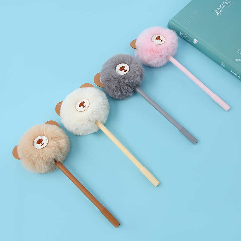 South Korea Stationery Creative Cartoon Bear Hairball Pen Fluffy Cute Pen Warm Cute Bao Bei Bei Neutral Pen Wholesale Specification drawing