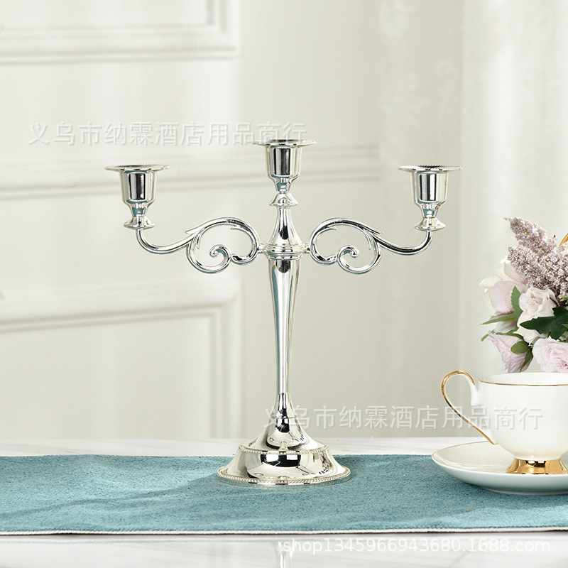 Three Head Alloy Silver Plated Candle Stand Drop White Glue European Candle Stand Wedding Hotel Supplies Ktv Home Decoration details Picture