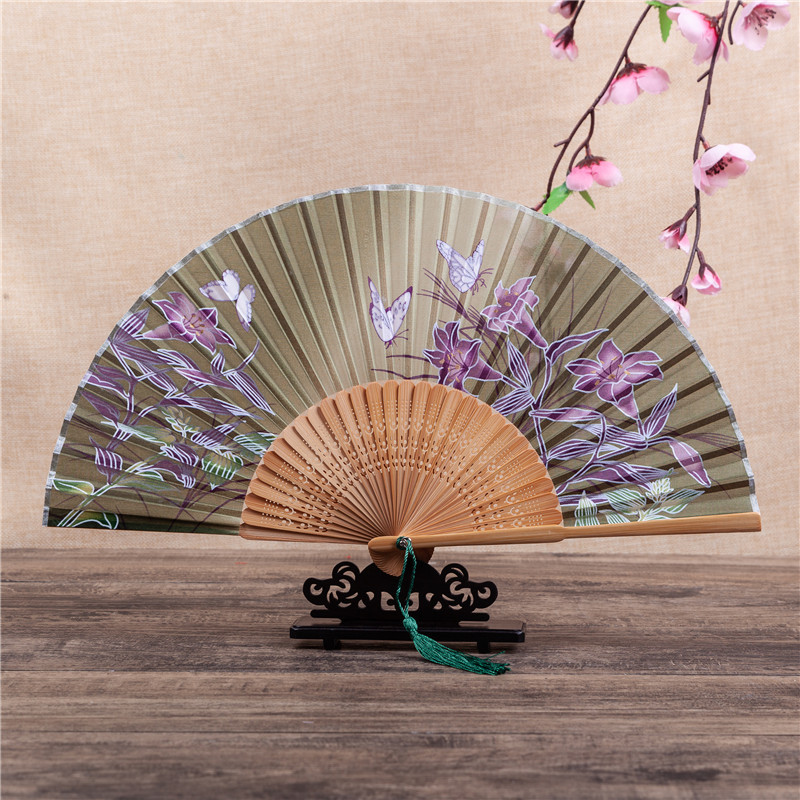 Chinese Style Gifts True Silk Bamboo Fan Japanese And Fan Lily Series Folding Fans Wholesale Dance Props Fans details Picture