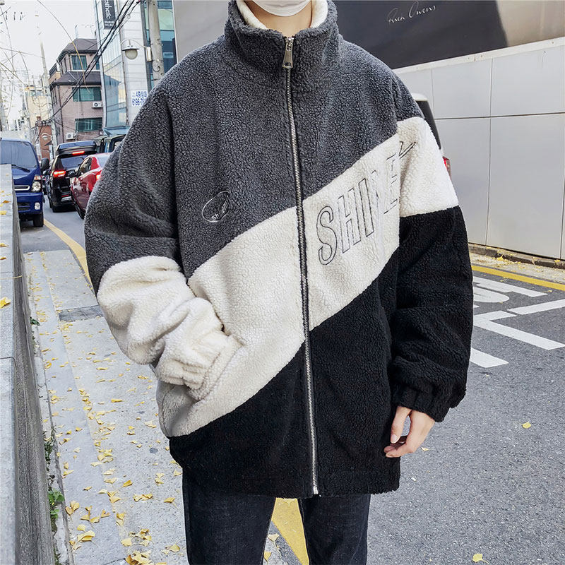 Lambskin cotton-padded jacket for men, winter warm, color-blocked thickened cotton-padded jacket, Korean style trendy, versatile cotton-padded jacket for students Item Picture