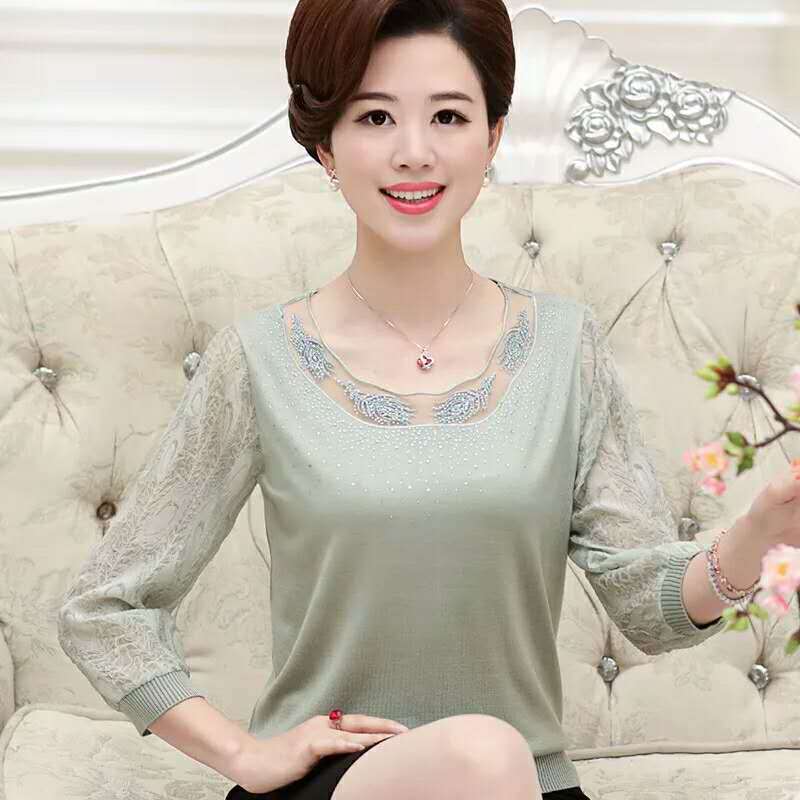 This is a new summer fashion for middle-aged and elderly women, featuring a cool and breathable knitted sweater with patchwork gauze sleeves and lace embroidery with a round neck details Picture