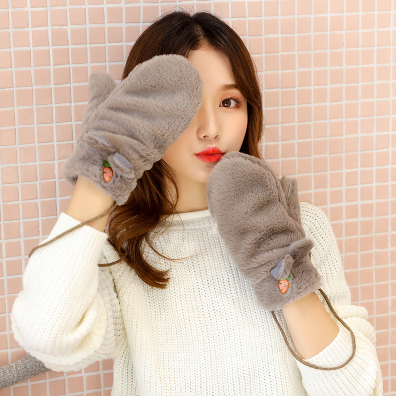 Cute winter gloves for girls, warm for students, Korean version of women's winter fleece and thickened cycling, cold-proof and windproof fleece gloves details Picture