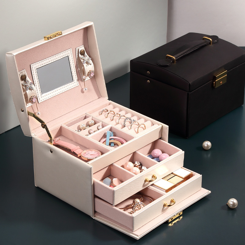 Cross-Border Three-Layer Jewelry Storage Box Drawer Portable Large Capacity Jewelry Box Multi-Functional Earrings Jewelry Box (Price Negotiable) Specification drawing