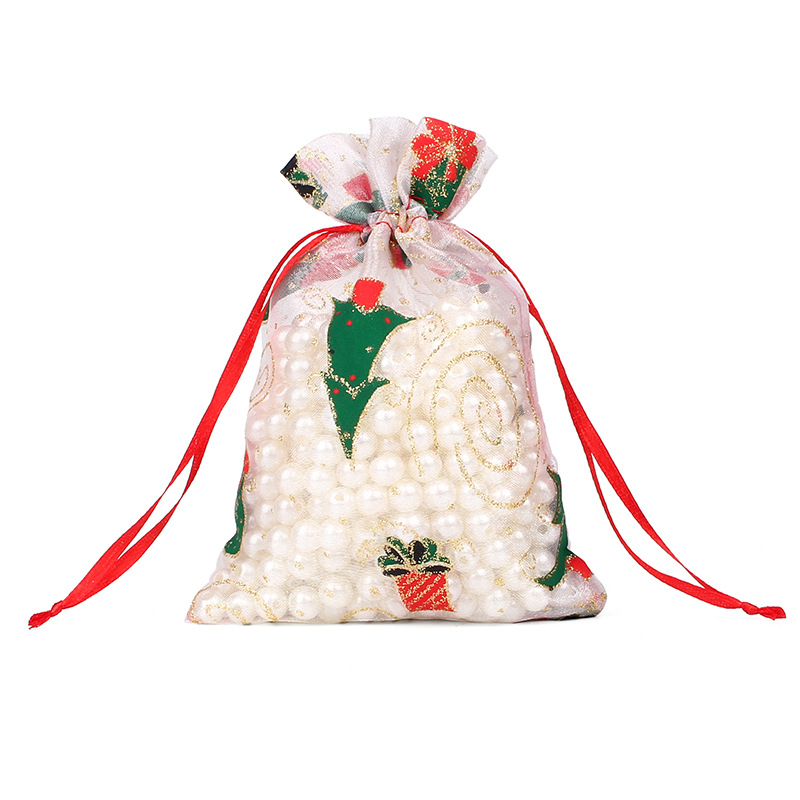 Wholesale Christmas patterned drawstring gauze bags, Christmas gift drawstring gold-embossed gauze bags, Christmas gift storage cloth bags Item Picture