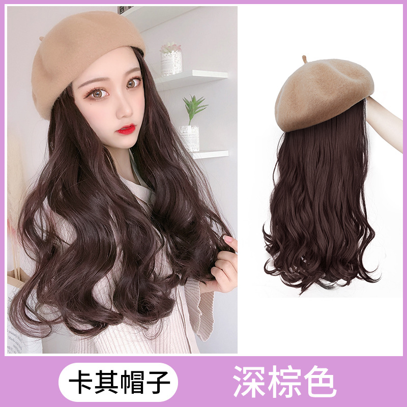 Wig hat one fashion winter beret wool curly wig long hair net red natural long curly hair for women thumbnail