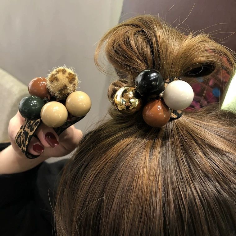 Korean Leopard Print Head Rope Rubber Band Simple Fashion Knot Metal Ball Hair Rope Hair Circle Network Red Hair Rope details Picture