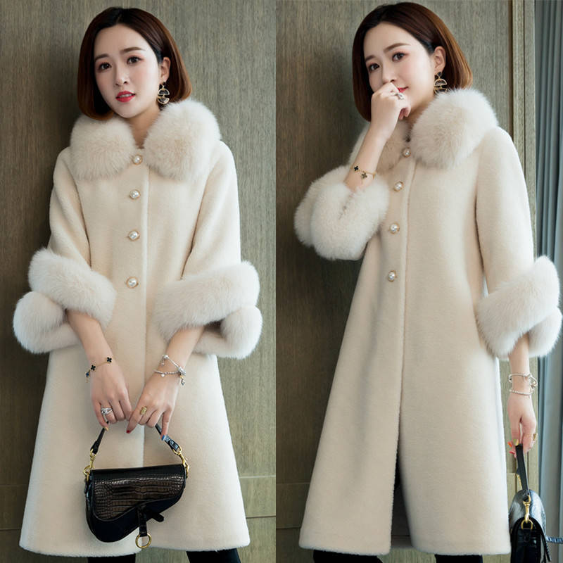 New autumn and winter faux fur coat for women, mid-length, fox-like fur collar, sheep-cut fleece, loose, plus-size women's wear