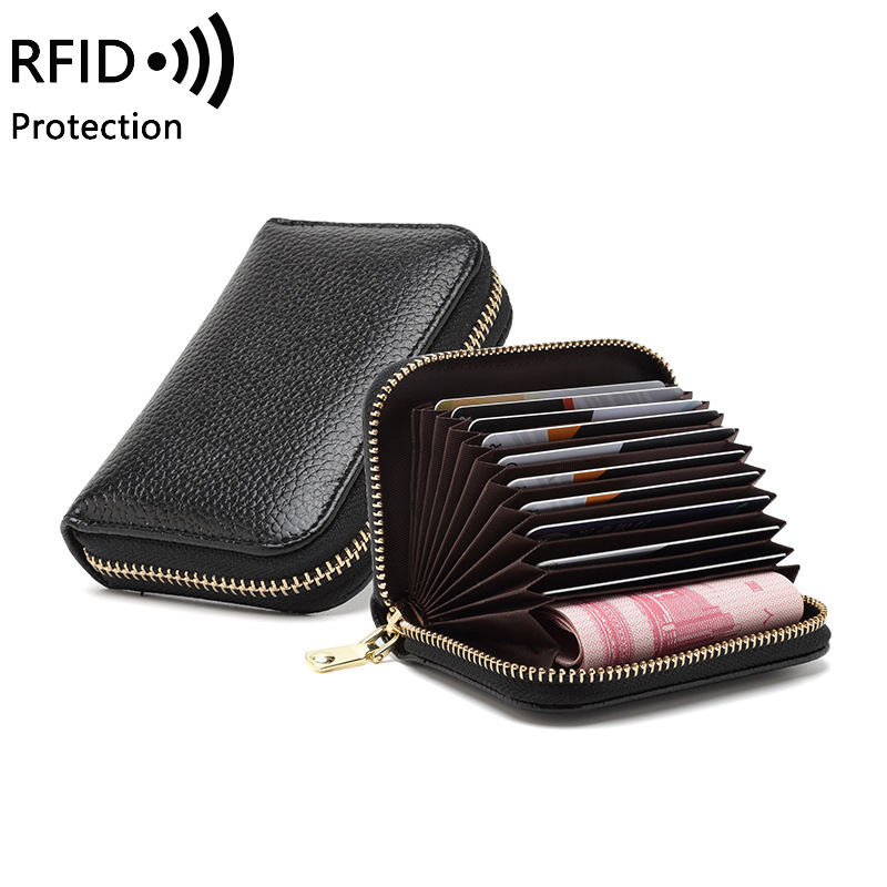 头层牛皮风琴卡包女RFID防盗女士卡夹男士证件包多功能拉链小钱包