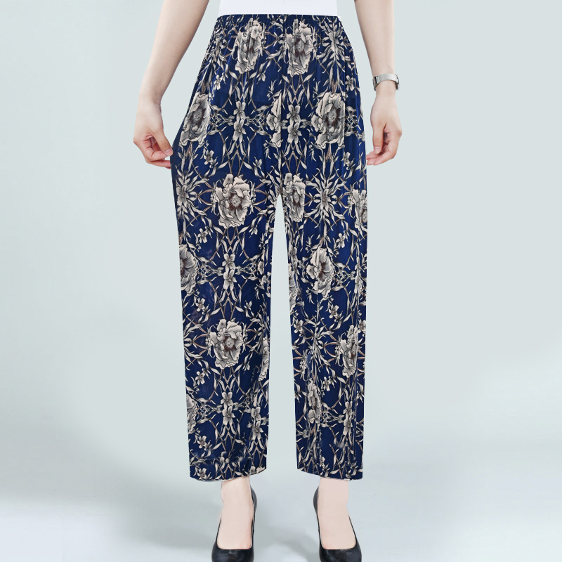 Cool ice silk women's pants, ice silk women's flower pants, 90% to 70% flower pants, casual pants for middle-aged and elderly people Specification image