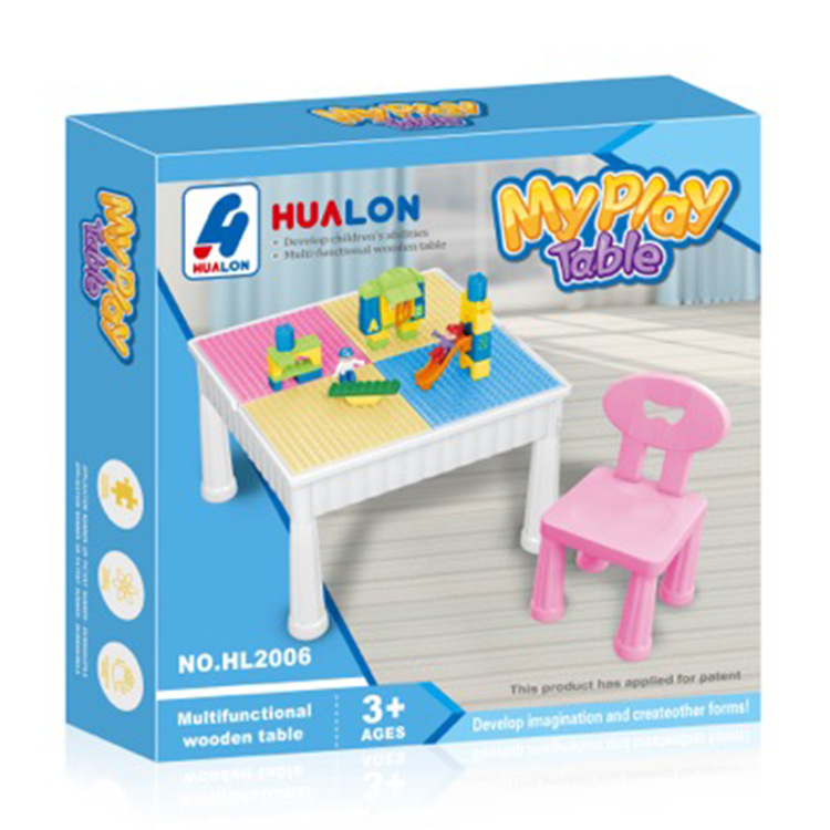 Multifunctional children's puzzle learning games wooden table toys compatible with building blocks table and chair one table and two chairs manufacturers wholesale Hualong toys Item Picture