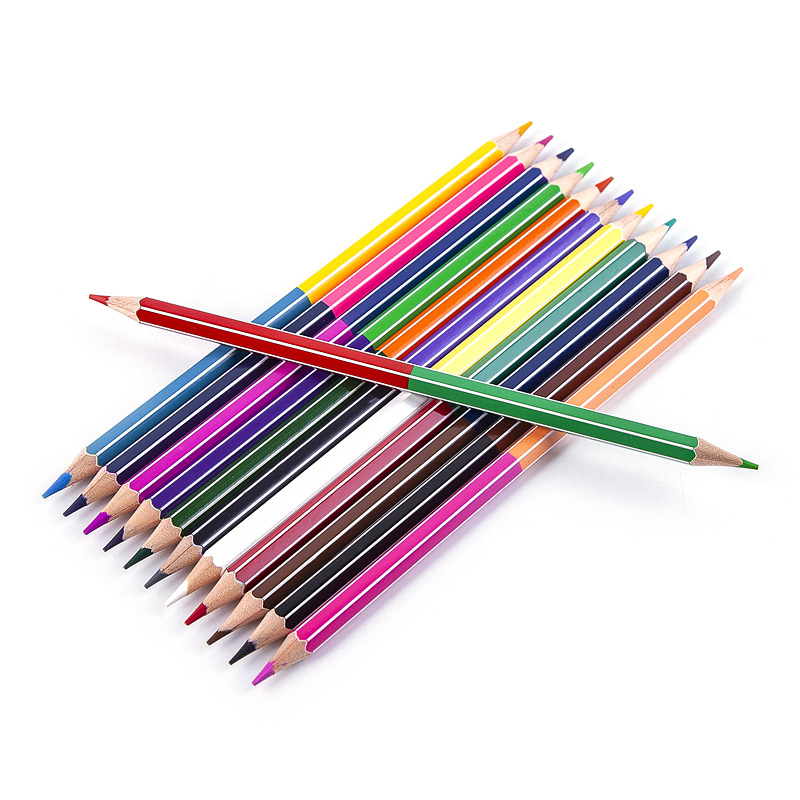 抽条双色彩铅 彩色铅笔 六角杆铅笔 杨木软化板  双色芯 两头削尖