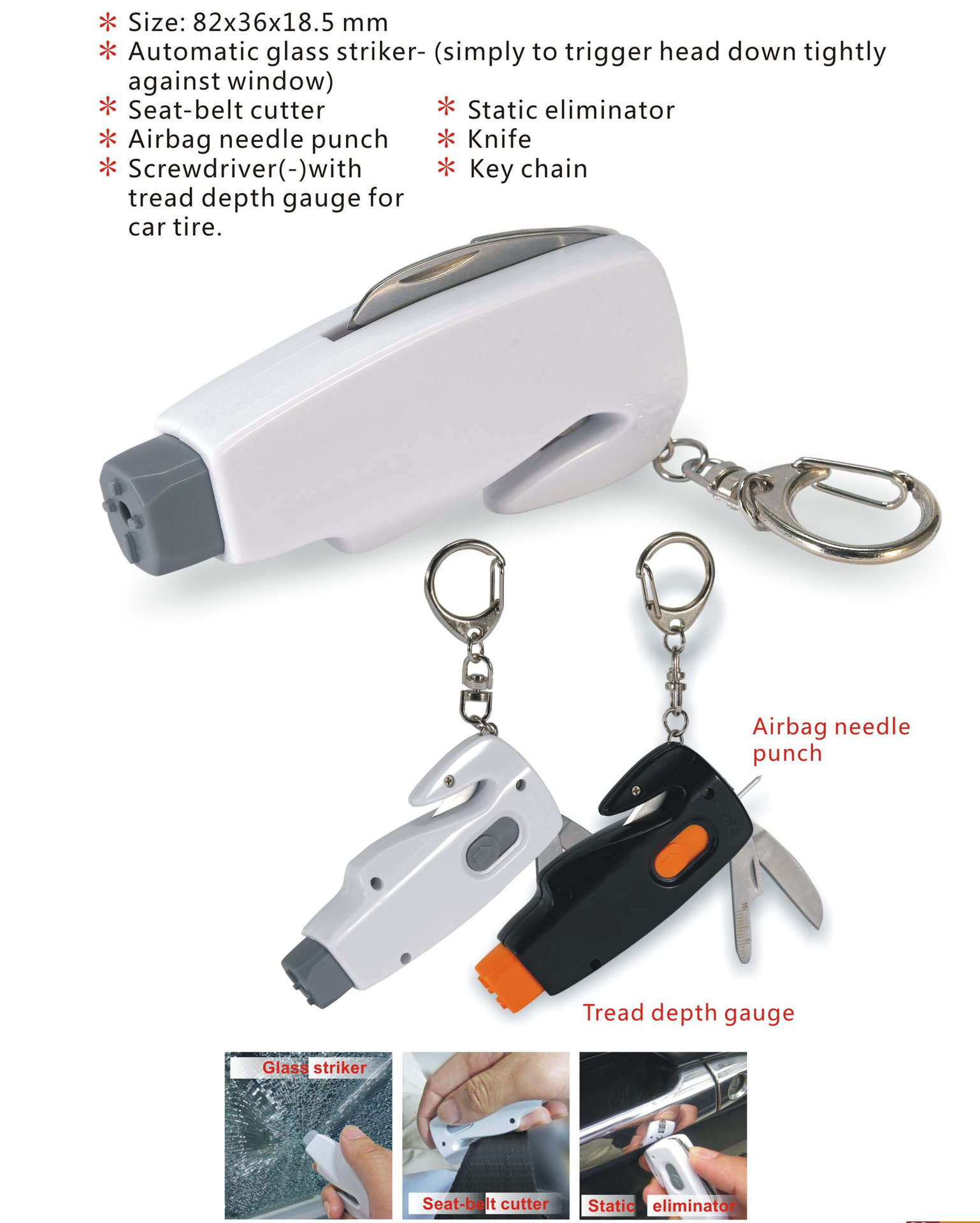 Car safety hammer broken window tool emergency escape one second broken window car multi-function hammer mini four-in-one tool Application Scenario