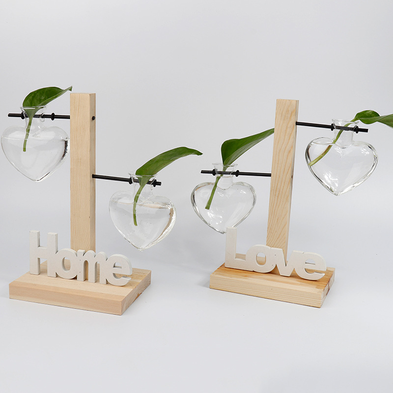 创意水培植物玻璃爱心花瓶木架高低瓶水培花瓶办公室桌面装饰品